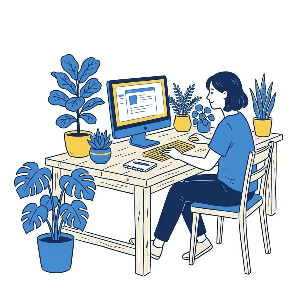 Person working at a desk surrounded by plants — Privacy Policy illustration